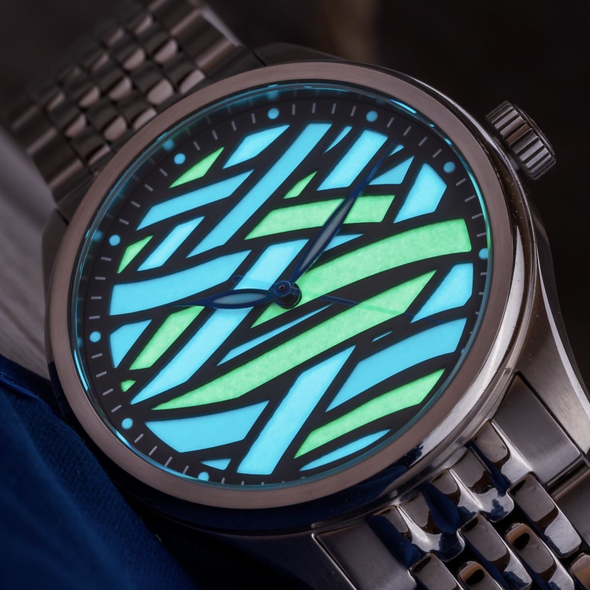 Stained glass effect watch dial glowing luminous