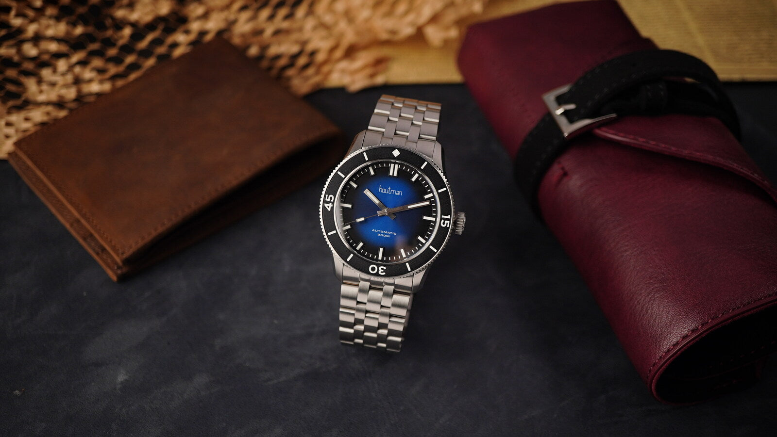 Deep blue gradient dial dive watch with stainless steel bracelet 
