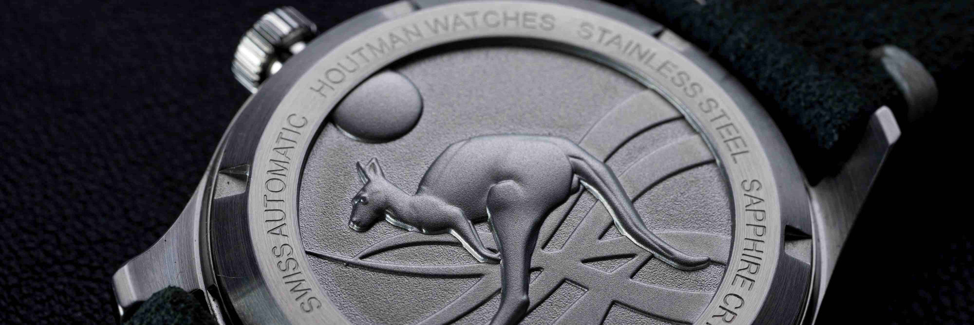 3d Embossed kangaroo image on stainless steel watch case bacl 