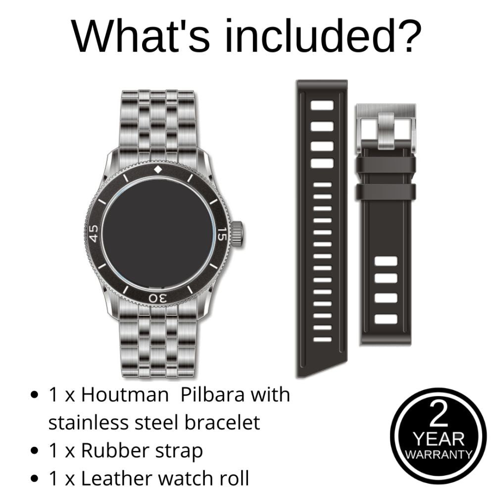 Whats included with the Pilbara: ss bracelet, rubber strap, screwdriver, watch roll